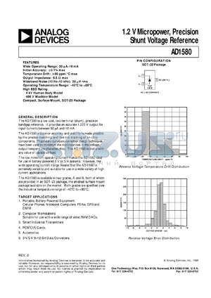 AD1580BRT datasheet - 20-25mA; 1.2V; micropower, precision shunt voltage reference