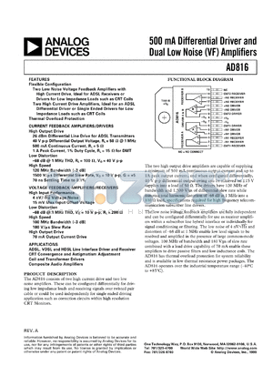 AD816AYR datasheet - 18V; 500mA differential driver and dual noise (VF) amplifier. For ADSL, VDSL and HDSL line interface driver and receiver