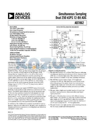 AD7862AR-10 datasheet - 0.3-7V; 450-670mW; simultaneous sampling dual 250kSPS 12-bit ADC. For AC motor control, uninterrupted power supplies, data acquisition systems, communications