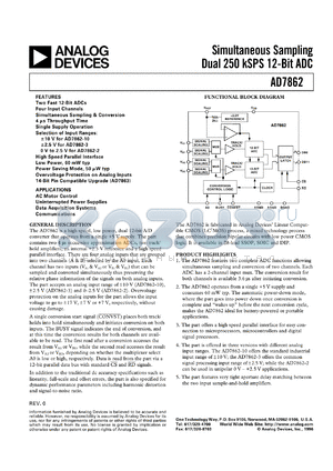 AD7862AR-3 datasheet - 0.3-7V; 450-670mW; simultaneous sampling dual 250kSPS 12-bit ADC. For AC motor control, uninterrupted power supplies, data acquisition systems, communications