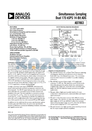 AD7863ARS-3 datasheet - 0.3-7V; 450mW; simultaneous sampling dual 175kSPS 14-bit ADC. For AC motor control, inuterrupted power supplies