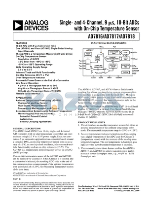 AD7817ABR datasheet - 0.3-7V; 450mW; single and 4-channel, 10-bit ADC with on-chip temperature sensor