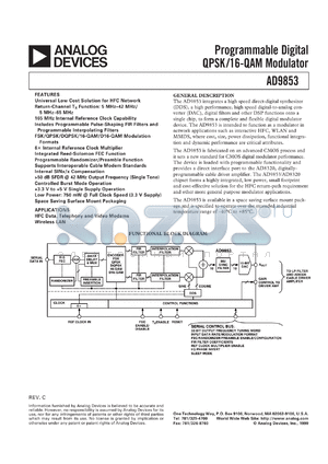 AD9853AS datasheet - 6V; 5mA; programmable digital QPSK/16-QAM modulator. For HFC data, telephone and video modems, wireless LAN