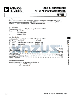 ADV453KP40 datasheet - CMOS 40 MHz monolithic 256 x 24 color palette RAM-DAC