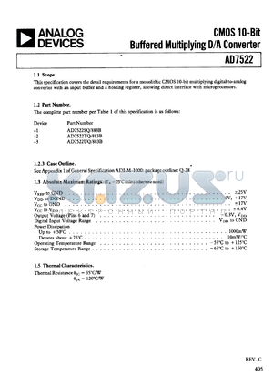 AD7522UQ/883 datasheet - CMOS 10-bit buffered multiplying D/A converter