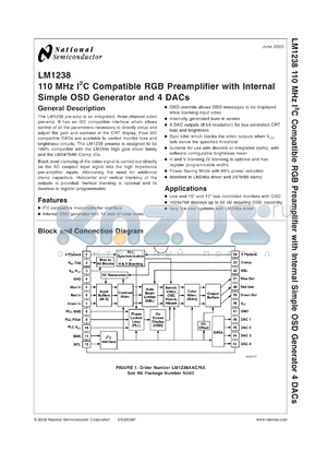LM1238AAD/NA datasheet - 110 MHz I2C Compatible RGB Preamplifier with Internal Simple OSD generator and 4 DACs