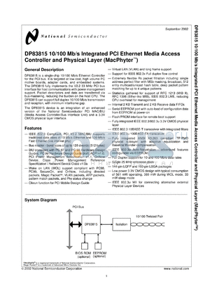 DP83815DUJB-PXE datasheet - 10/100 Mb/s Integrated PCI Ethernet Media Access Controller and Physical Layer (MacPhyter)