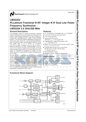 LMX2354SLDX datasheet - 2.5 GHz/550 MHz PLLatinum Fractional N RF / Integer N IF Dual Low Power Frequency Synthesizer