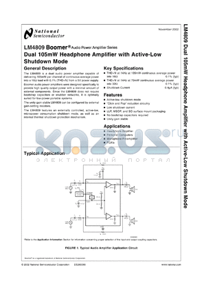 LM4809MMX datasheet - LM4809 Dual 105mW Headphone Amplifier with Active-Low Shutdown Mode