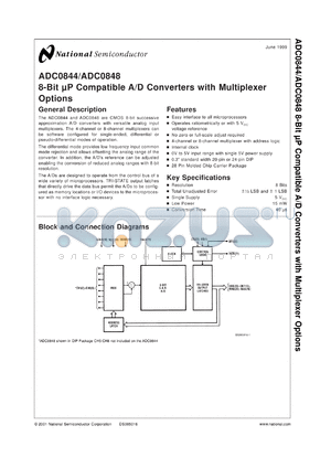 ADC0844BCN datasheet - 8-Bit Microprocessor Compatible A/D Converter with Multiplexer Option