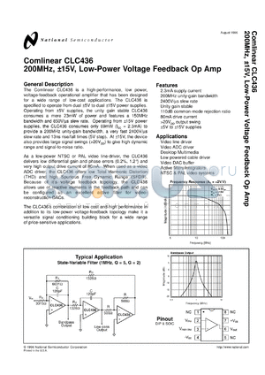 CLC436AJE datasheet - 100 MHz, Plus/Minus-15V, Low Power, Voltage Feedback Op Amp