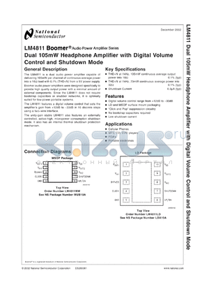 LM4811LDX datasheet - LM4811 Dual 105mW Headphone Amplifier with Digital Volume Control and Shutdown Mode