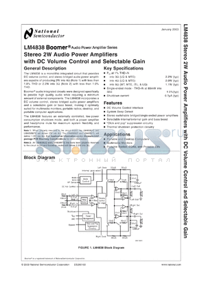 LM4838MTX datasheet - Stereo 2W Audio Power Amplifiers with DC Volume Control and Selectable Gain