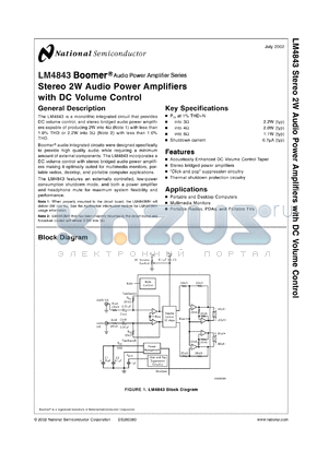 LM4843MHX datasheet - Stereo 2W Audio Power Amplifiers with DC Volume Control and Selectable Gain