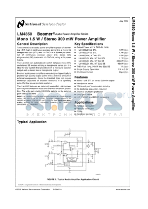 LM4850MTX datasheet - Mono 1.5 W / Stereo 300 mW Power Amplifier