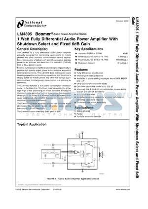 LM4895MDC datasheet - 1 Watt Fully Differential Audio Power Amplifier With Shutdown Select and Fixed 6dB Gain