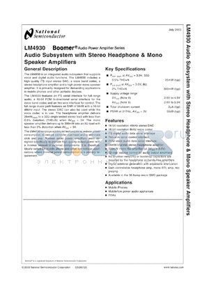 LM4930ITLX datasheet - Audio Subsystem with Stereo Headphone & Mono Speaker Amplifiers