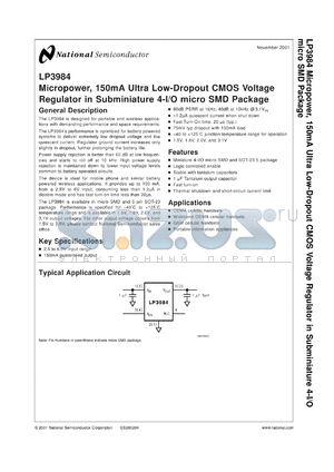 LP3984I-1.8MDC datasheet - Micropower, 150mA Ultra Low-Dropout CMOS Voltage Regulator in Subminiature 4-I/O micro SMD Package