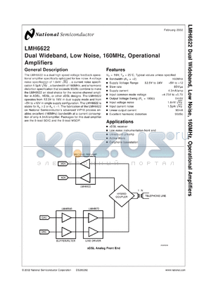 LMH6622MWC datasheet - Dual Wideband, Low Noise, 160MHz, Operational Amplifiers