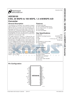 ADC08100EVAL datasheet - 8-Bit, 20MSPS to 100MSPS, 1.3mW/MSPS A/D Converter