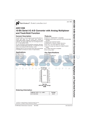 ADC1038CIN datasheet - 10-Bit Serial I/O A/D Converters with Analog Multiplexer and Track/hold Function