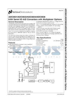 ADC0831BCN datasheet - 8-Bit Serial I/O A/D Converter with Multiplexer Option