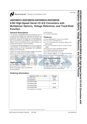ADC08038BIN datasheet - 8-Bit High Speed Serial I/O A/D Converter with Multiplexer Options, Voltage Ref. and Track/Hold Function