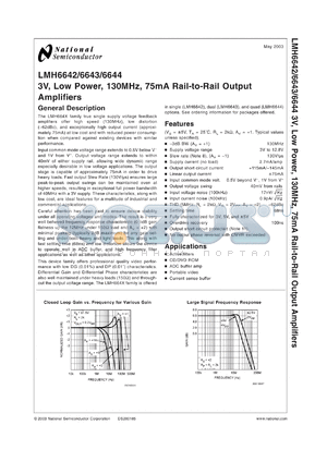 LMH6643MDC datasheet - 3V, Low Power, 130MHz, 75mA Rail-to-Rail Output Amplifiers