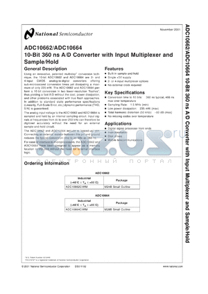 ADC10664CIN datasheet - 10-Bit 360 ns A/D Converter with Input Multiplexer and Sample/Hold