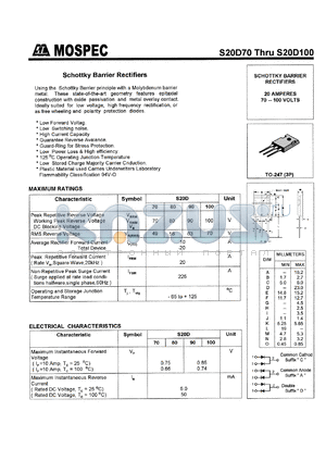 S20D100A datasheet - Dual schottky barrier rectifiers, 20A, 100V
