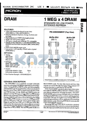 MT4C4001JTG-8L datasheet - 1M x 4 DRAM extended refresh, 80ns, low power