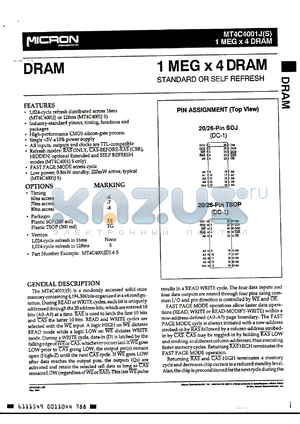 MT4C4001JDJ-8S datasheet - 1M x 4 DRAM self refresh, 80ns