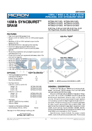 MT58L1MY18DF-6 datasheet - 3.3V, 1 Meg x 18 pipelined, DCD syncburst SRAM, 6ns