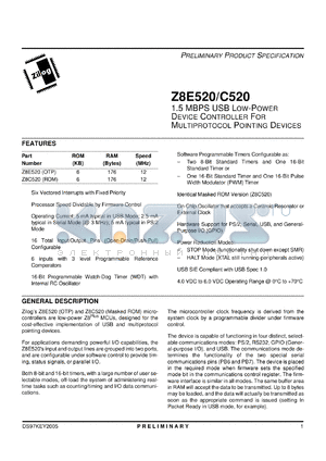 Z8E520SSC datasheet - 1.5 MBPS USB Low power device controller for multiprotocol pointing devices, OTP, 6Kb ROM, 176 RAM, 12MHz