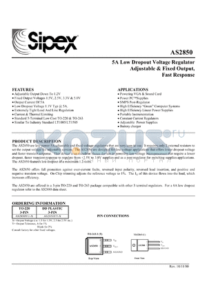 AS2850U-5.0 datasheet - 5A low dropout voltage regulator 5.0V output, fast response