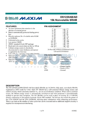 DS1220AD-120 datasheet - 2k x 8 CMOS nonvolatile SRAM, 120ns
