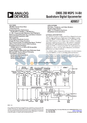 AD9857AST datasheet - 4V; 5mA; CMOS 200MSPS 14-bit quadrature digital upconverter