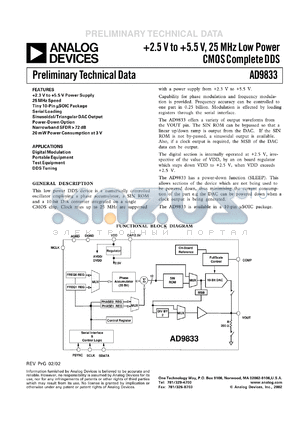 AD9833BRM datasheet - +2.5to +5.5V; 25MHz low power CMOS complete DDS. For digital modulation, portable equipment, test equipment DDS tuning