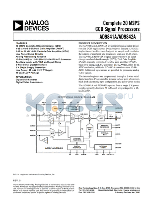 AD9841AJST datasheet - 0.3-3.9V; complete 20MSPS CCD signal processor. For digital video camcoders, digital still cameras