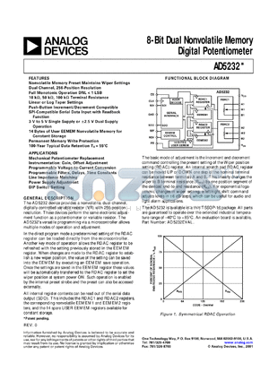 AD5232BRU10-REEL datasheet - 0.3-7V; 8-bit dual nonvolatile memory digital potentiometer