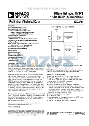 AD7450BM datasheet - 0.3-7V; 450mW; differential input, 1MSPS 12-bit ADC