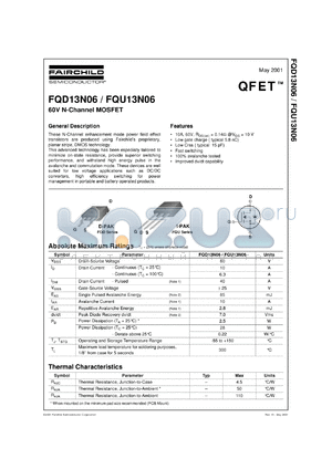FQU13N06 datasheet - 60V N-Channel MOSFET