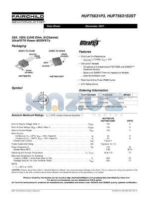 HUF75631S3S datasheet - 33A, 100V, 0.040 Ohm, N-Channel, UltraFET^ Power MOSFETs