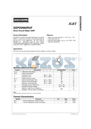 SGP20N60RUF datasheet - Short Circuit Rated IGBT