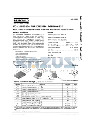 FGP20N6S2D datasheet - 600V, SMPS II Series N-Channel IGBT with Anti-Parallel Stealth TM Diode