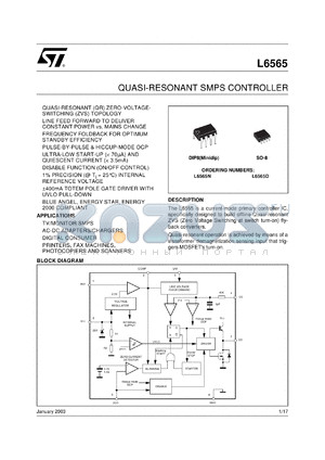 L6565D datasheet - QUASI-RESONANT SMPS CONTROLLER