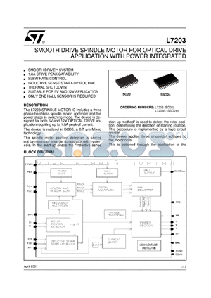 L7203 datasheet - SMOOTH DRIVE SPINDLE MOTOR FOR OPTICAL DRIVE APPLICATION WITH POWER INTEGRATED