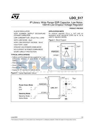 LDO_517 datasheet - IP LIBRARY: WIDE RANGE ESR CAPACITOR, LOW NOISE, 100MA LOW DROPOUT VOLTAGE REGULATOR.