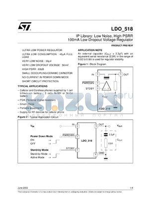 LDO_518 datasheet - IP LIBRARY: LOW NOISE, HIGH PSRR, 100MA LOW DROPOUT VOLTAGE REGULATOR.