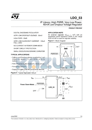 LDO_53 datasheet - IP LIBRARY: HIGH PSRR, VERY LOW POWER, 40MA LOW DROPOUT VOLTAGE REGULATOR.